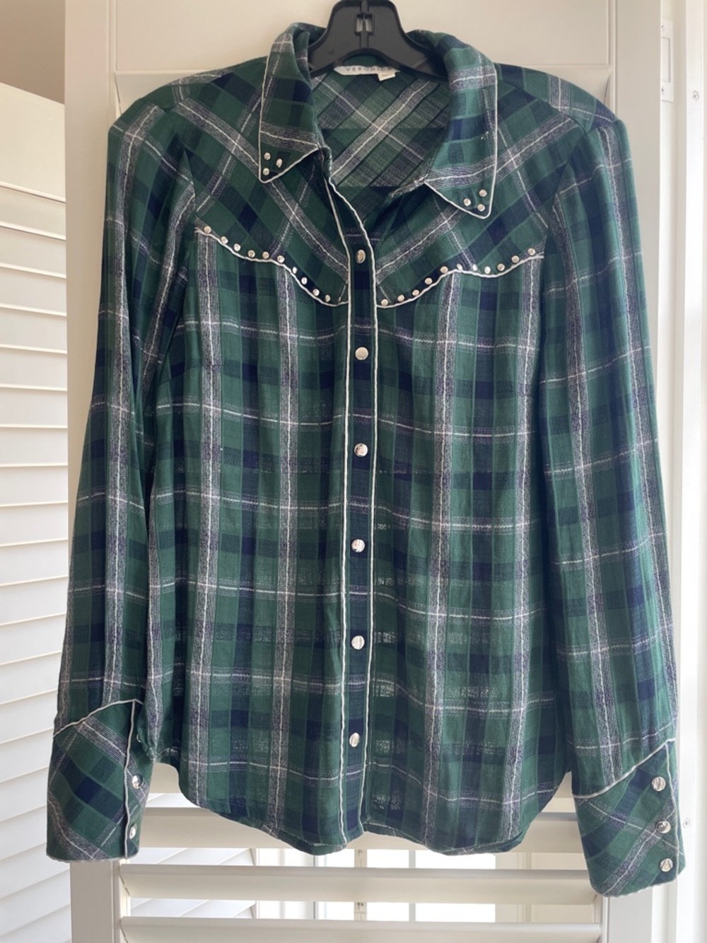 Veronica Beard Green Navy Plaid Studded Western Button-Down Shirt